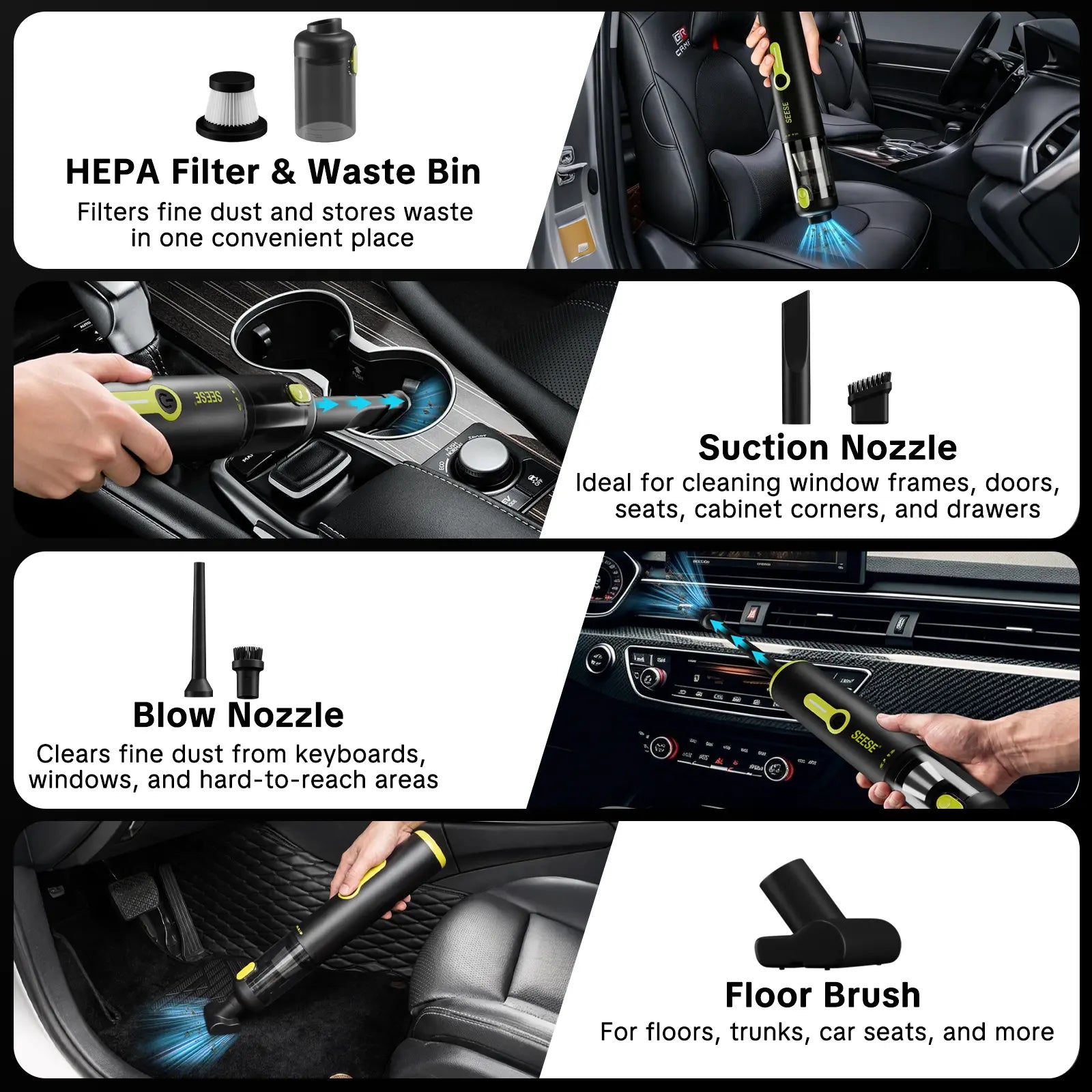 SEESE Car Vacuum Portable Cordless, 20000Pa 2 in 1 Vacuum Cleaner&Air Duster, 100W Brushless Motor Handheld Vacuum Cordless with 6000mAh Battery, Multi-Nozzles for Car, Home, Office, Pet