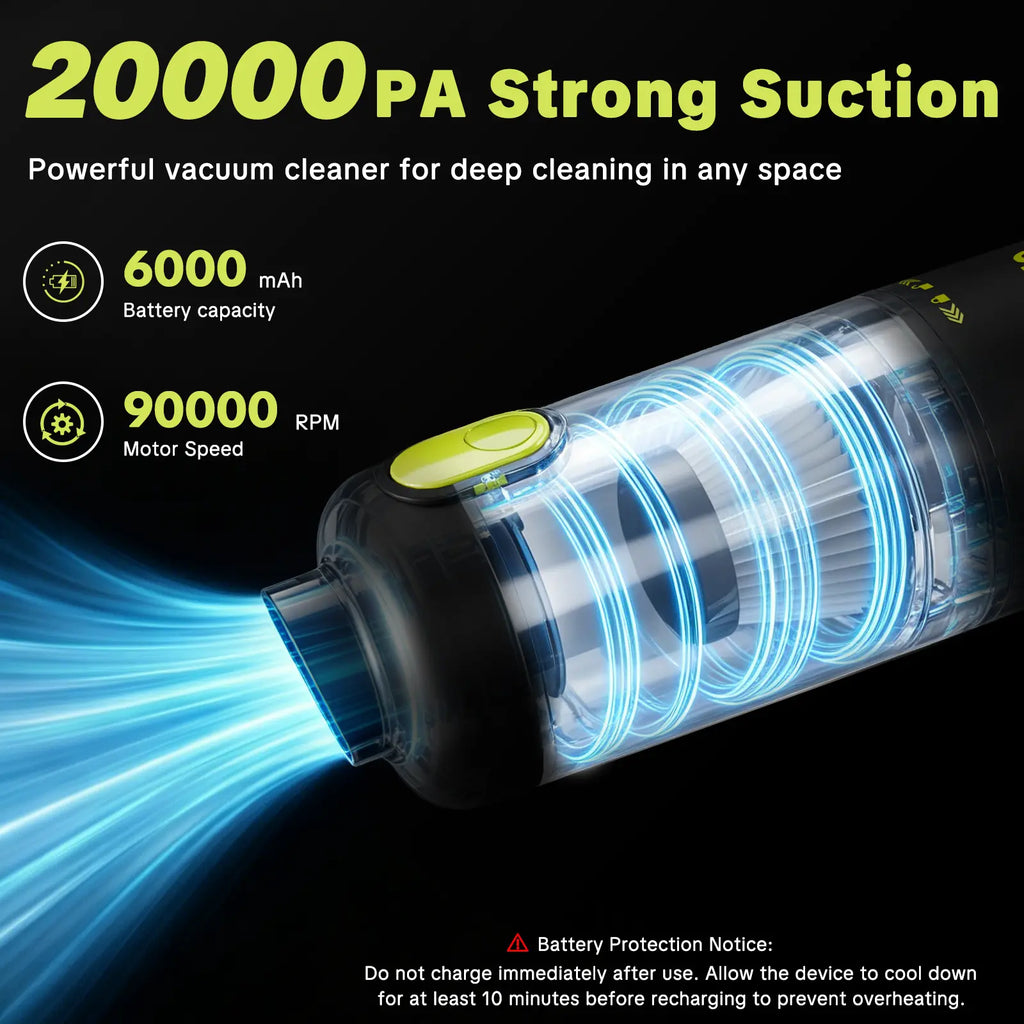 SEESE Car Vacuum Portable Cordless, 20000Pa 2 in 1 Vacuum Cleaner&Air Duster, 100W Brushless Motor Handheld Vacuum Cordless with 6000mAh Battery, Multi-Nozzles for Car, Home, Office, Pet