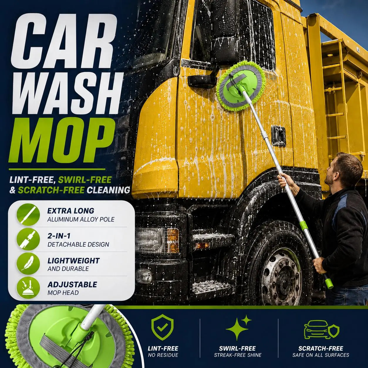 65'' Car Wash Brush with Long Handle,Car Wash Kit with Tire Brush,Tower,Window Squeegee,Chenille Microfiber,Car Detailing Brushes,Car Cleaning Brush Kit Supplies for Car,Truck,SUV,RV
