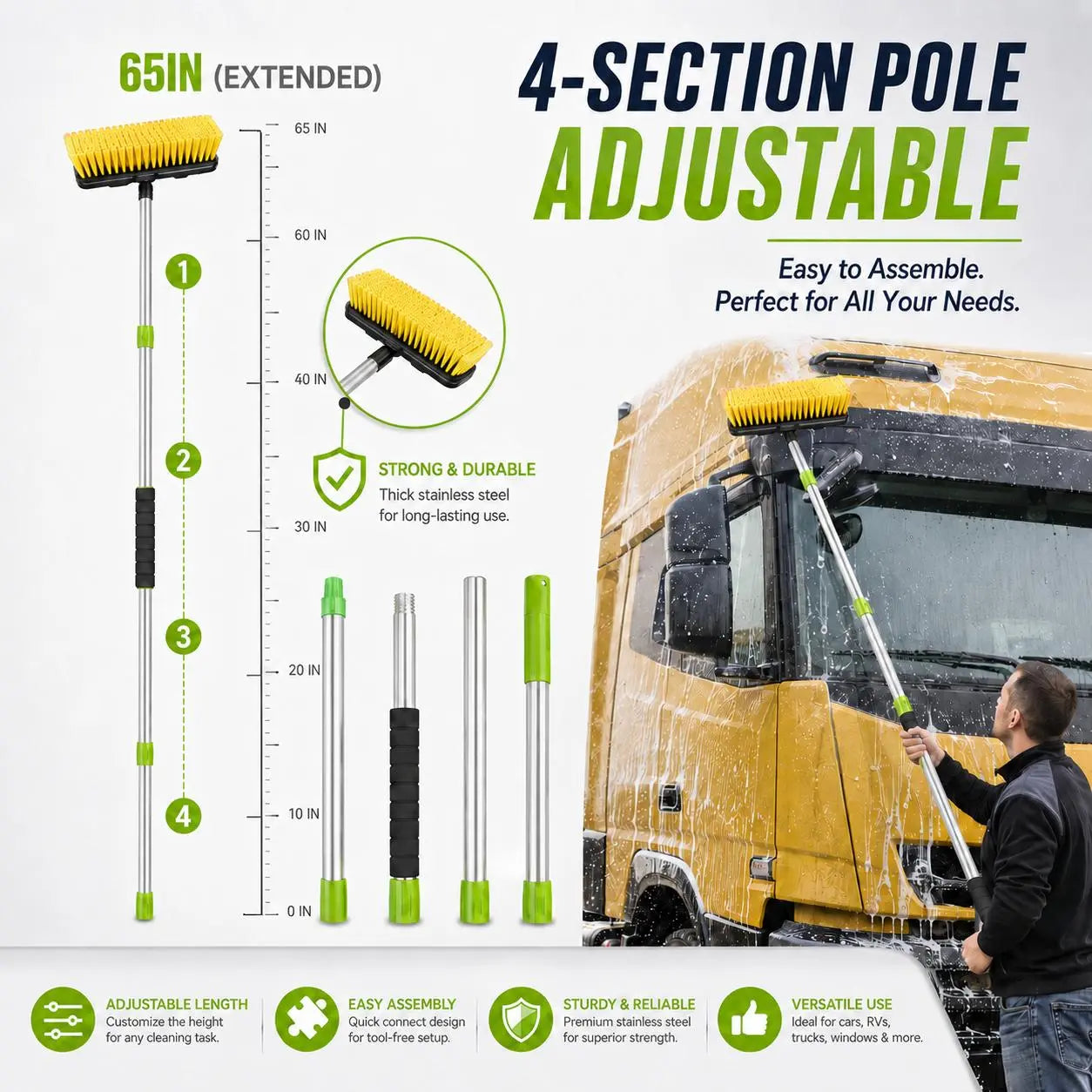 65'' Car Wash Brush with Long Handle,Car Wash Kit with Tire Brush,Tower,Window Squeegee,Chenille Microfiber,Car Detailing Brushes,Car Cleaning Brush Kit Supplies for Car,Truck,SUV,RV