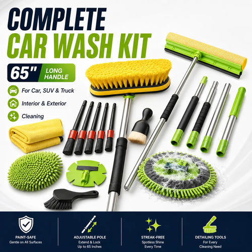 65'' Car Wash Brush with Long Handle,Car Wash Kit with Tire Brush,Tower,Window Squeegee,Chenille Microfiber,Car Detailing Brushes,Car Cleaning Brush Kit Supplies for Car,Truck,SUV,RV