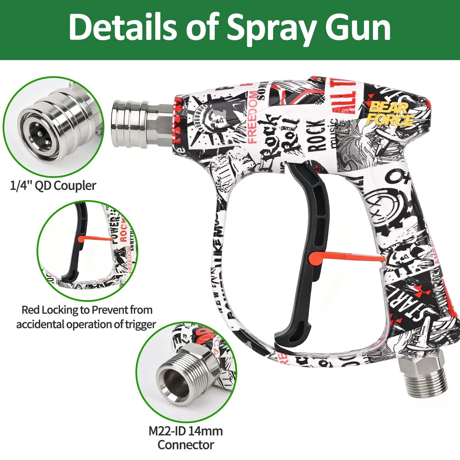 BEAR FORCE Pressure Washer Gun 3000 PSI with Magnetic Connection Foam Cannon 32oz/ 1L & Orifice Nozzle 1.10mm, Adjustable Foam Blaster, Power Washer Spray Gun with 3/8'' Swivel Quick Connect, M22-15mm Connector, Car Wash